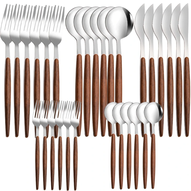 

LMM stainless steel tableware set Dishwasher available imitation wooden handle pointed tail knife fork spoon 30 piece set