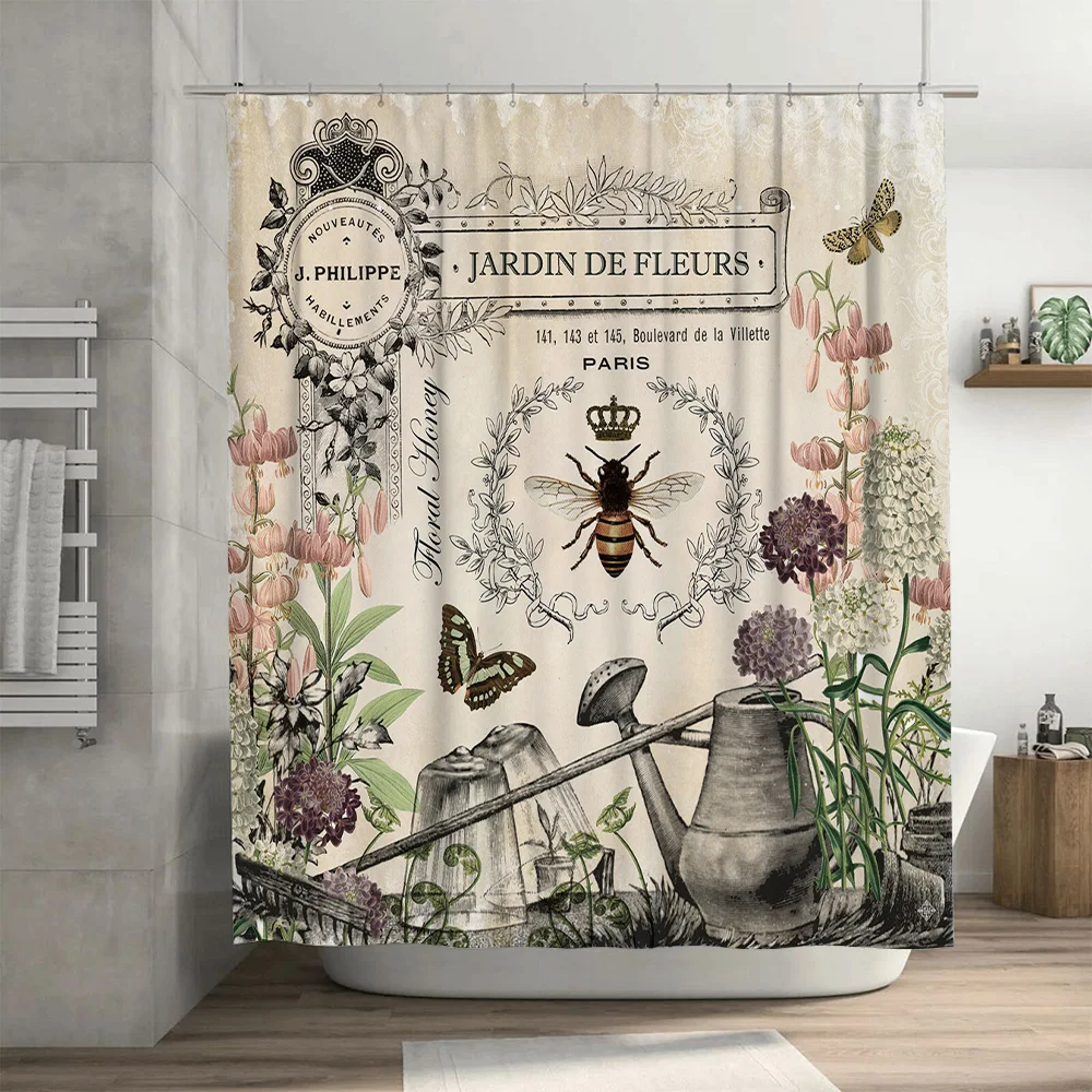 ヴィンテージガーデン装飾シャワーカーテンセット花ハニーデザイン浴室装飾ホームアクセサリー黒織物 Waterpro