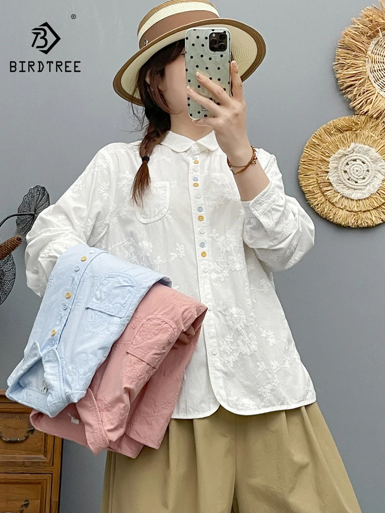 

New 2025 Autumn Cotton Long Sleeve Shirt, Women Turn-down Collar Embroidery, Mori Girl Casual Sweet INS Loose Blouse T58716CC