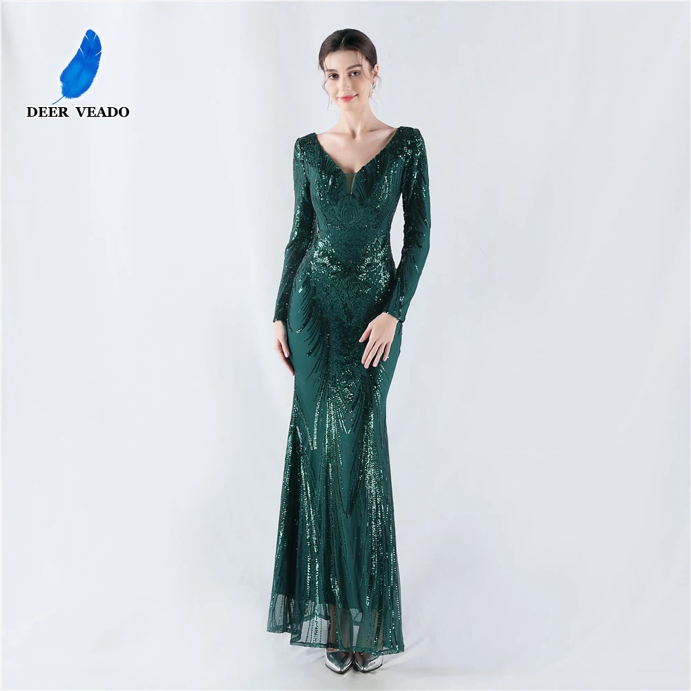 DEERVEADO 7 Colors Elegant Long Sleeves Evening Dresses for Woman Mermaid Deep V Neck Sequins Special Occasion Party Dresses