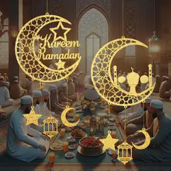 Eid Mubarak Wooden Hanging Door Sign Ramadan Decorations Moon and Stars Party Wood Wall Hanger for Islamic Muslim Home Decor