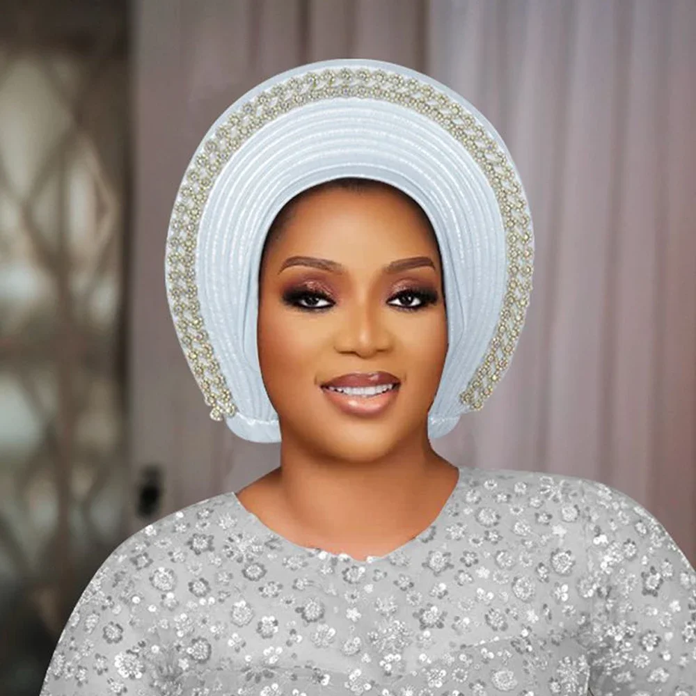 

Shiny Autogele Turban Cap Women Ready African Auto Gele Headtie Nigeria Wedding Geles Female Head Wraps Hijab Bonnet Headpiece