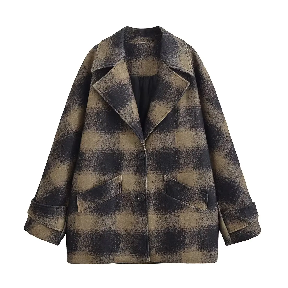 

Women's 2025 new fashion loose side pocket short warm plaid woolen coat retro long sleeved Button-up women's coat chic top