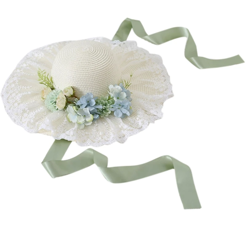 

Summer Seaside Straw Weaving Hat Skin-friendly Fisherman Hat with Flower Decors Lace Brim Hat for Woman Sunproof 57BD