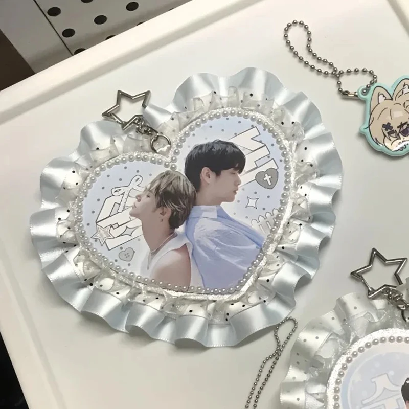 Custom Kpop Idol Name Keychain with Photo Handmade Fresh Lace Crystal Decor Fan Merch Idol Keychain