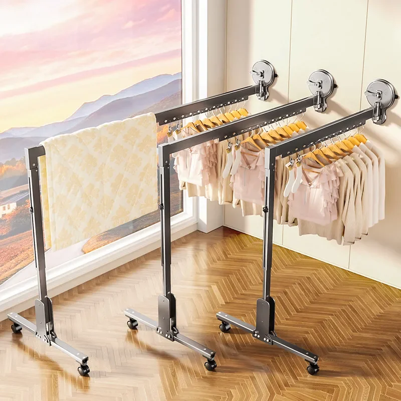 Suction Cup Clothes Rack Balcony Glass Folding Quilt Drying Artifact Telescopic Indoor Bay Window Clothes Pole Home
