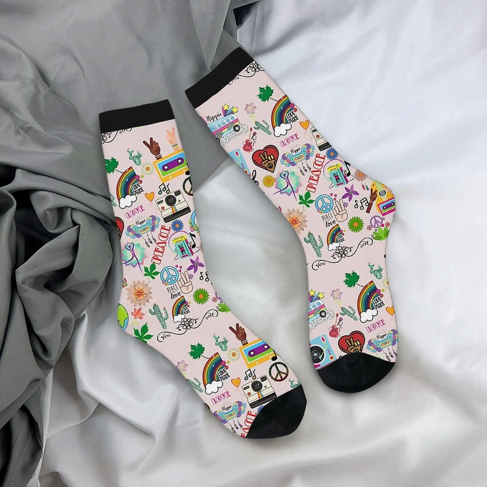 

Винтажные музыкальные носки в стиле хиппи в стиле ретро 60-х/70-х годов, знаки мира, цветы, любовь, сообщения, пастельные, розовые, зеленые цвета, можно стирать в машине, унисекс