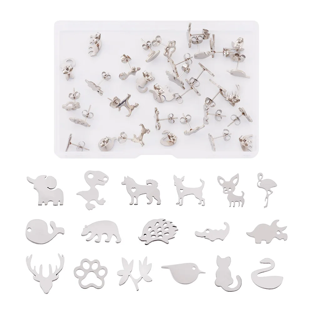 

16 Pairs/Box 304 Stainless Steel Stud Earrings Crocodiles Dog Swan Bird Animal Shape Earrings Jewelry Gifts for Women Girls