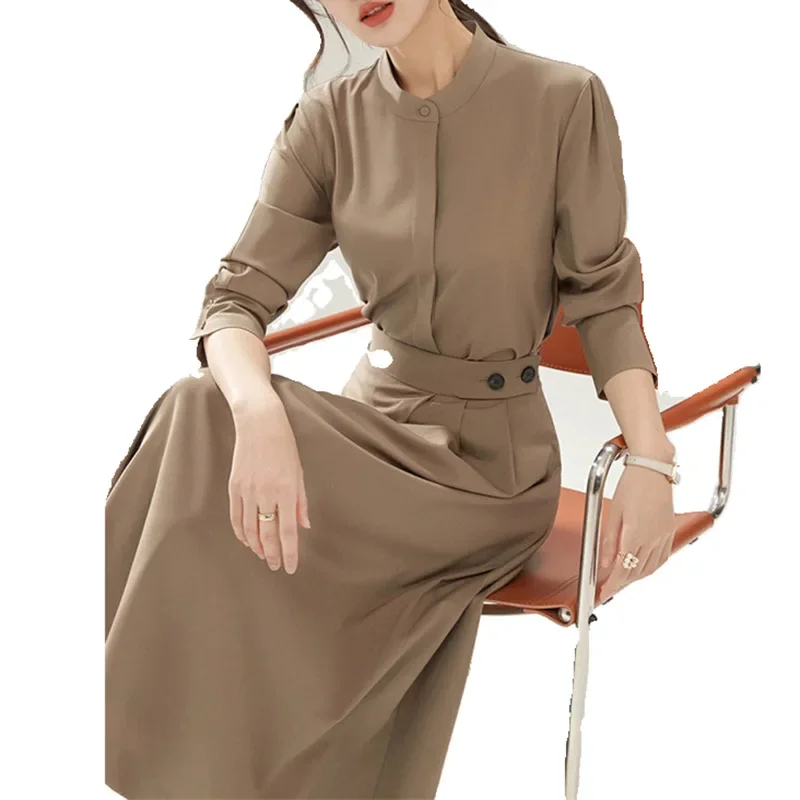 Spring and Autumn Highend Temperament Office Lady Light Luxury Style Long Dress Shirt and Skirt Set Two Piece Set  for Women