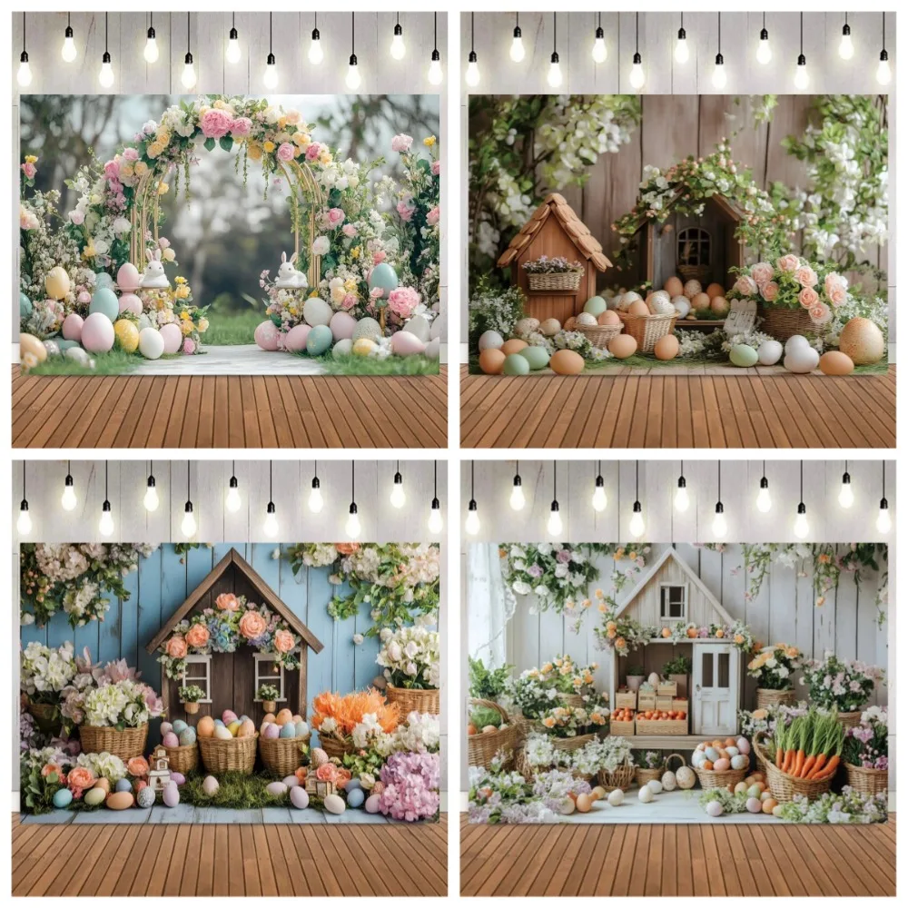 

Spring Easter wooden house flower egg basket, countryside background, children's family party decoration photography background