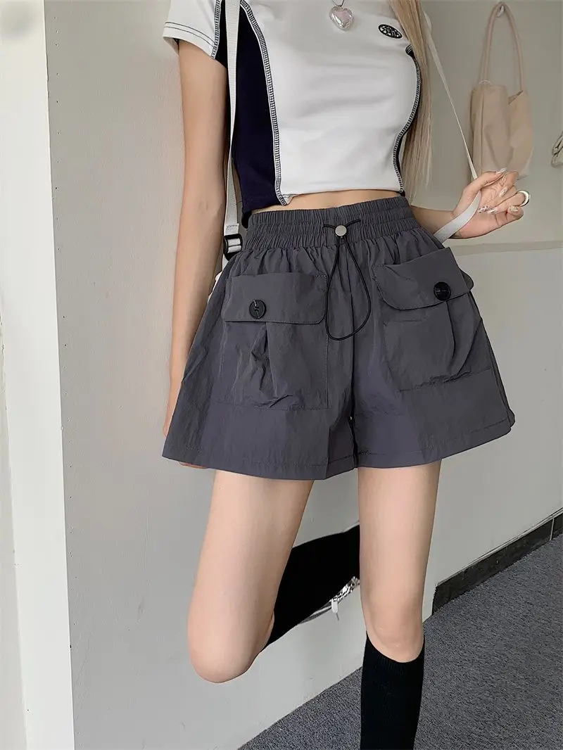 Shorts Women Pockets Solid Elastic Waist Cargo Summer Wide Legs American Style Vintage Chic Cool Girls Streetwear Ins Leisure