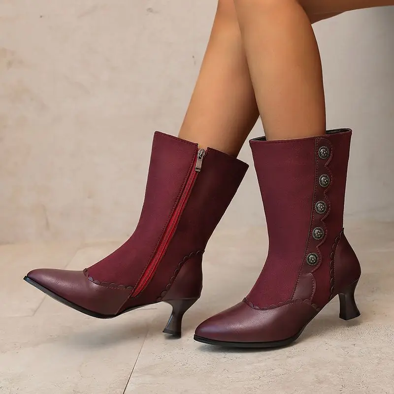 

ORCHA LISA Plus Size 46-48 Women's Mid-Calf Boots Design with Rivets Mixed Color Pointed Toe 5.5cm Small Heels Zipper Casual