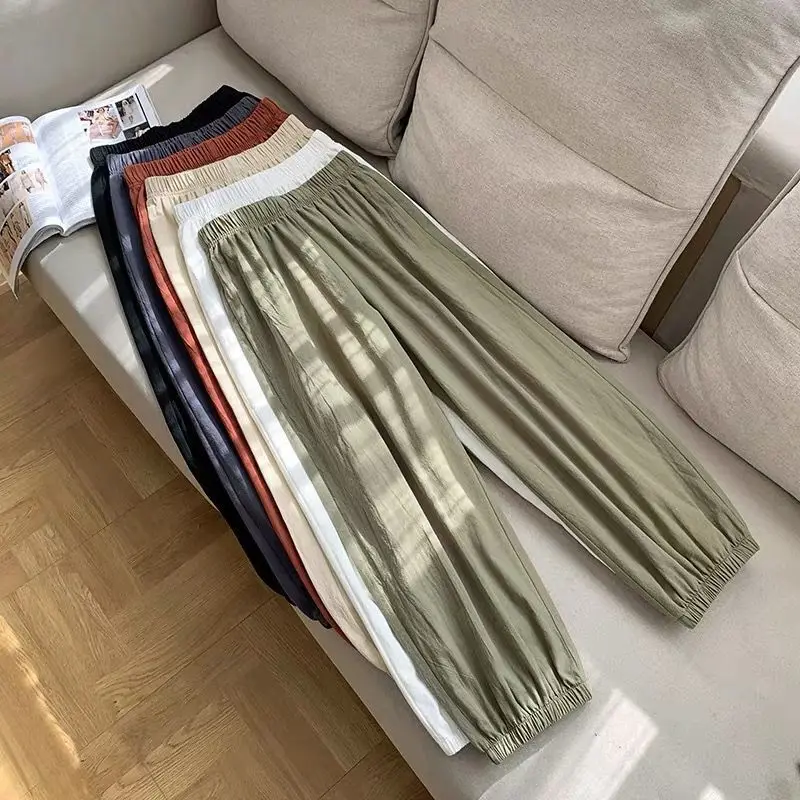 กางเกงผู้หญิงไซส์ใหญ่ สไตล์ฮาราจูกุ กางเกงขายาวเอวยางยืด ผ้าฝ้ายลินิน กางเกงลำลองสไตล์เกาหลี กางเกงคาร์โก้ 8 สี