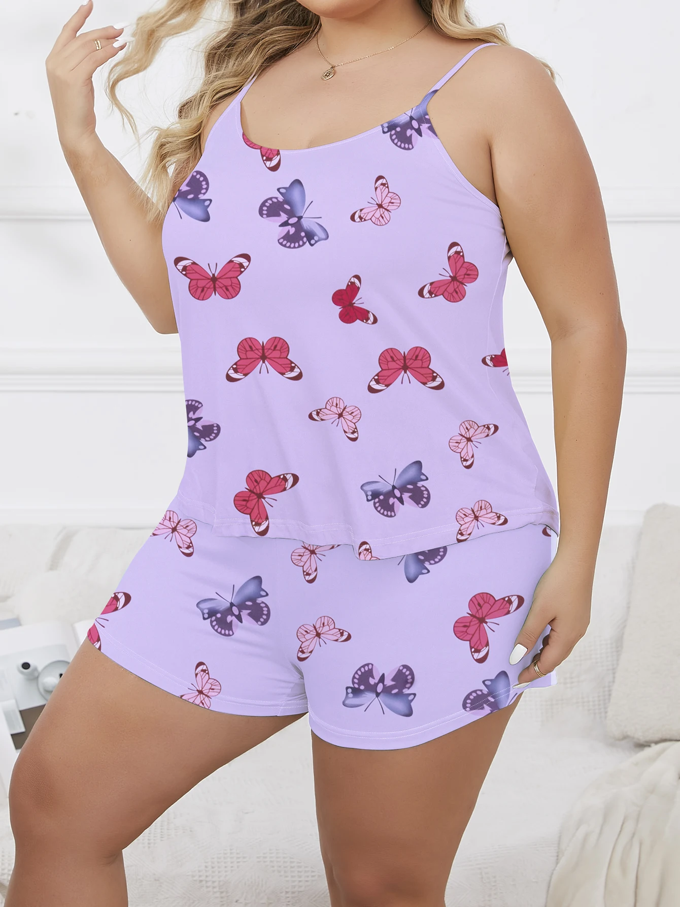 2-piece summer refreshing butterfly print purple suspender&shorts oversized women\'s pajamas and home clothing set