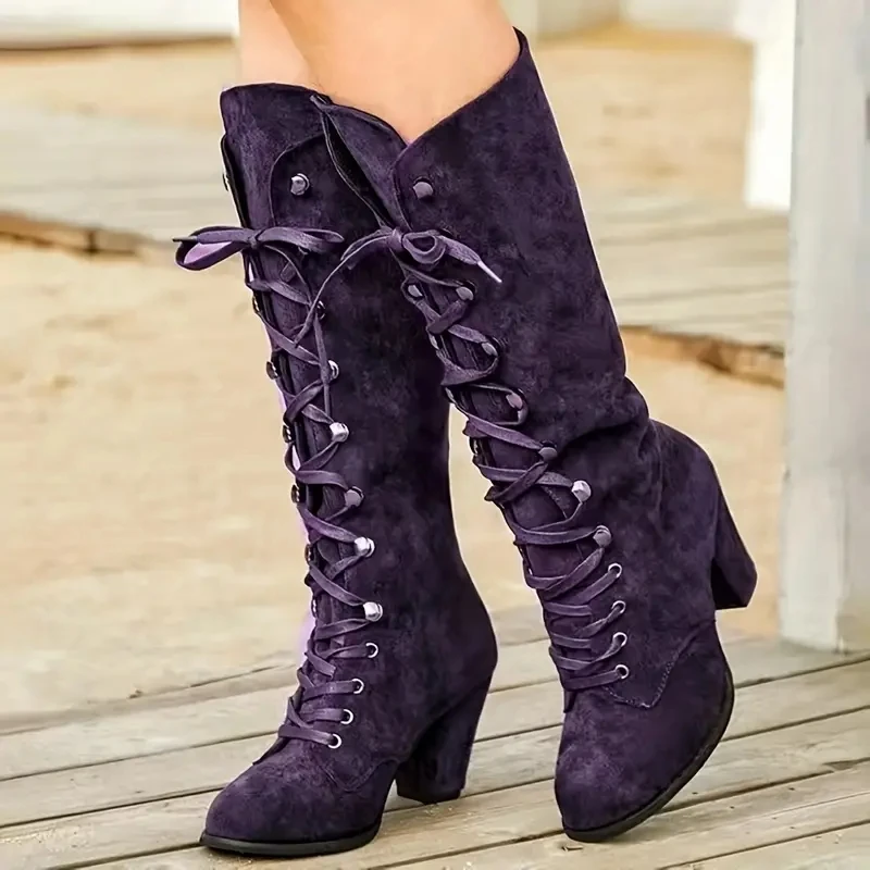 Women\'s Chunky Heeled Long Boots Retro Solid Color Lace Up Knee High Boots Casual Heeled Riding Boots