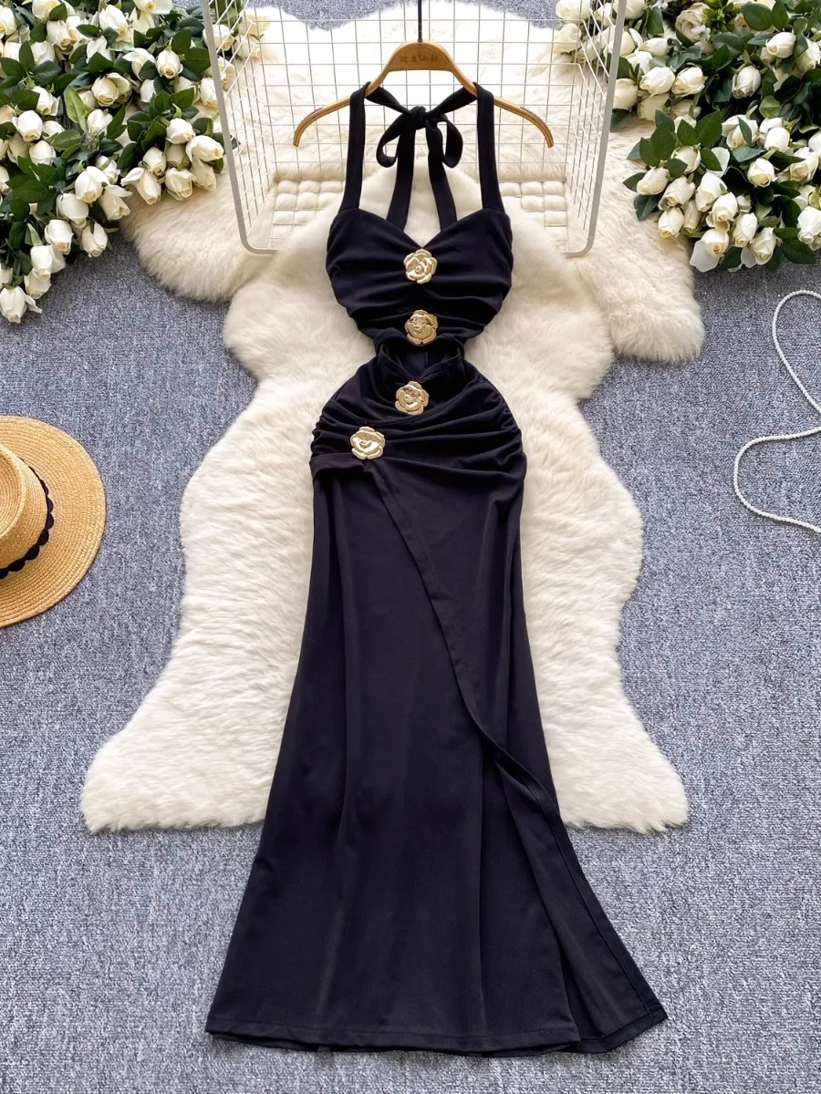 فستان صيفي طويل بدون ظهر من Foamlina فستان نسائي عالي الجودة مع رسن معدني على شكل زهرة غير منتظمة فساتين ماكسي للحفلات المسائية