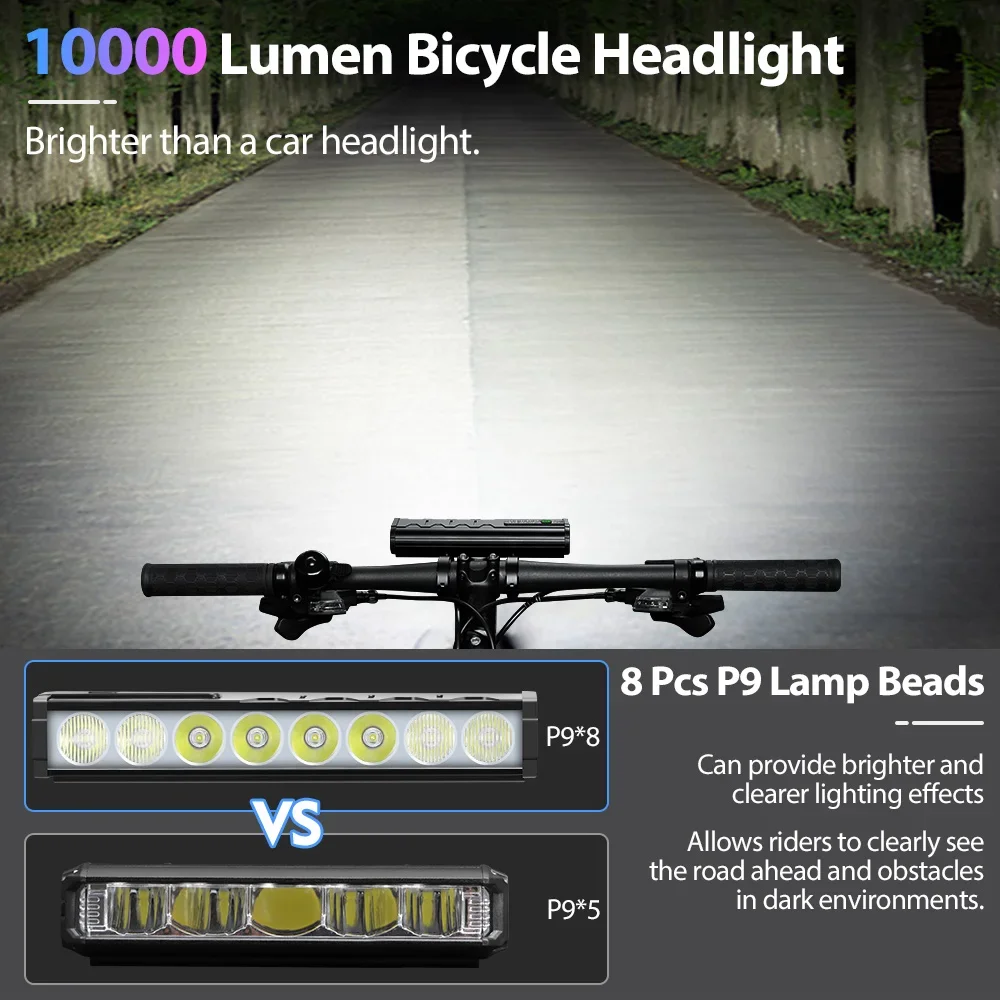 NEWBOLER Bicycle Light Front 10000Lumen Bike Light 10000mAh Waterproof Flashlight USB Charging MTB Road Cycling Lamp 