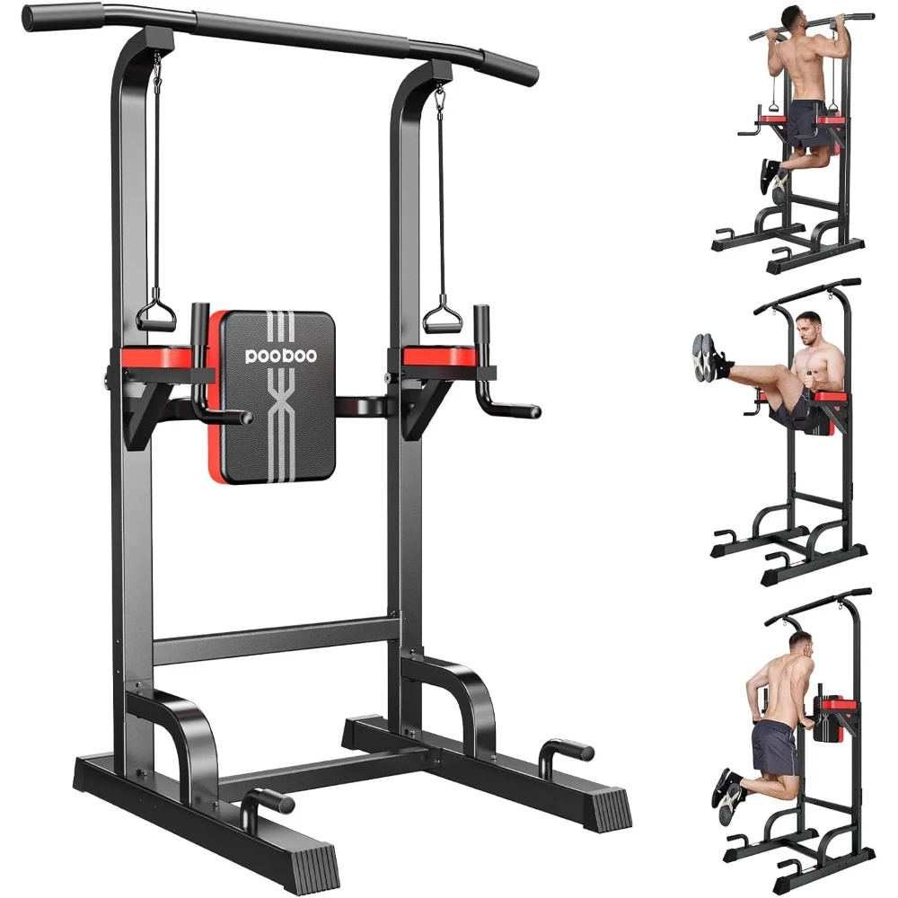 

Power Tower Dip Station & Pull Up Bar, Multi-Function Adjustable Height Home Gym Strength Training Equipment with Elastic Ropes