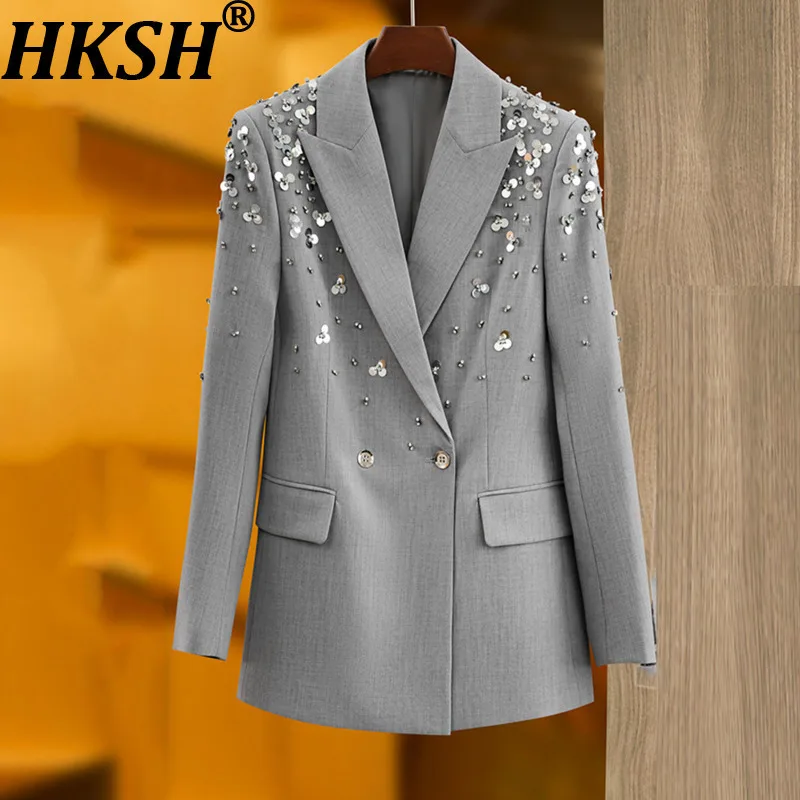 

HKSH Spring Autumn New Women Blazer Studded Diamonds Sequined Notched Collar Double Breasted Elegant Fashion Tide Jacket HK12624
