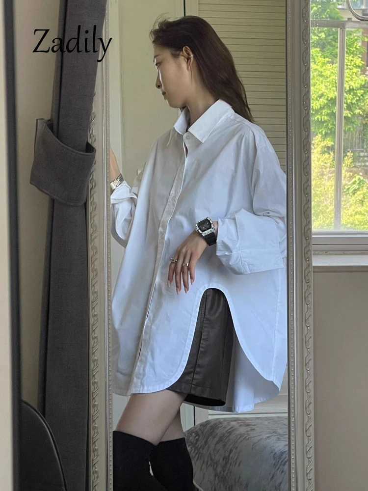 Zadily 2024 Spring Office Lady Full Sleeve Women White Long Shirt Minimalist Oversize Button Up Ladies Blouse Irregular Top