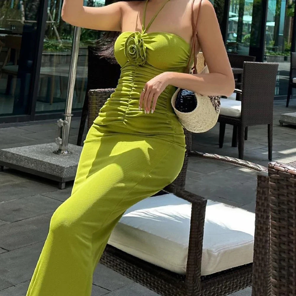 Elegant Floral Applique Ruched Dress Elegant Summer Outfits For Women Irregular Sleeveless Party Club Maxi Dresses