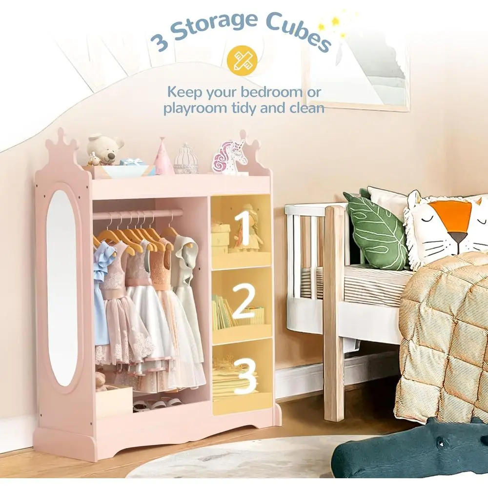 Crianças vestir-se armazenamento com espelho, guarda-roupa infantil com 3 ganchos, armário infantil para meninas meninos, armário aberto pendurado traje organizar