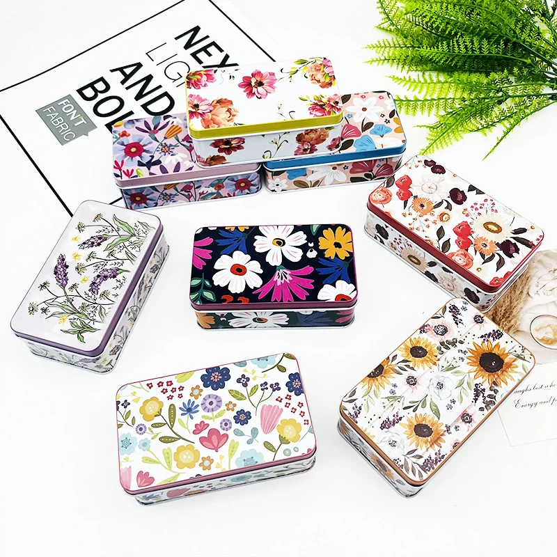 Korean Flower Pattern Candy Storage Tin Box Small Rectangular Empty Metal Jewelry Case Home Coin Earrings Organizer Container