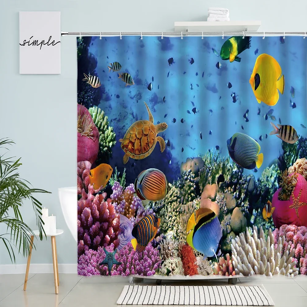 Dolphin Shark Shower Curtain Coral Tropical Fish Sea Turtle Underwater World Landscape Modern Children Bathroom Curtains Decor