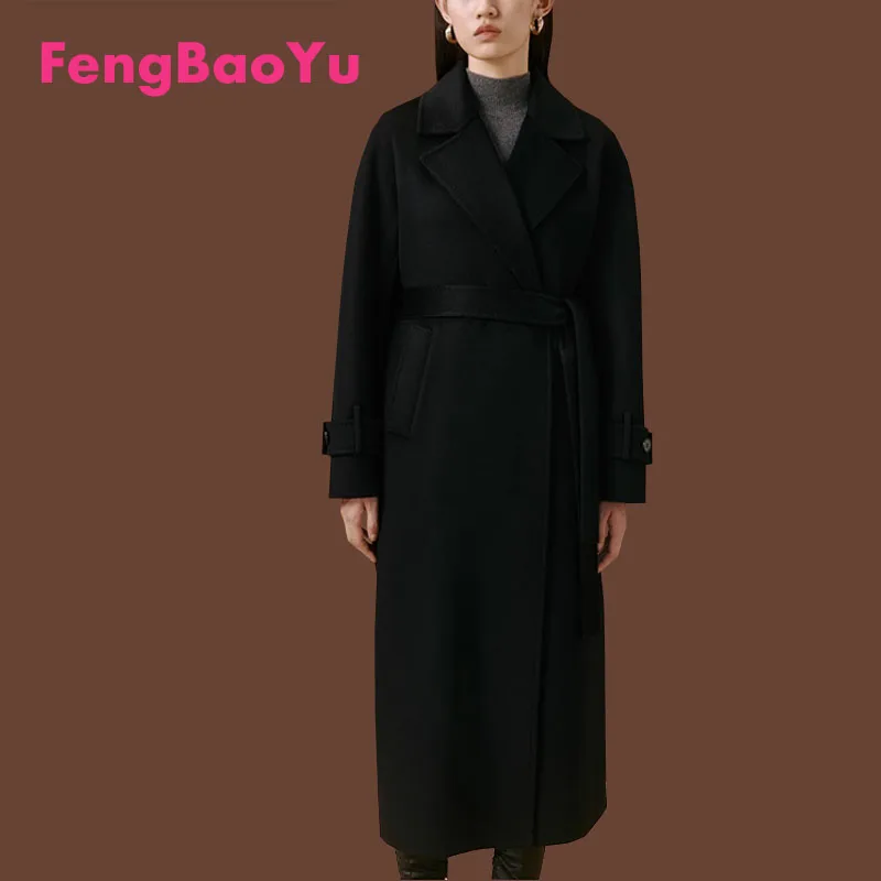 

Fengbaoyu Autumn Winter Double-sided 100% Pure Cashmere Coat Women's High-end Soft Delicate Wool Light Luxury Long Black Coat