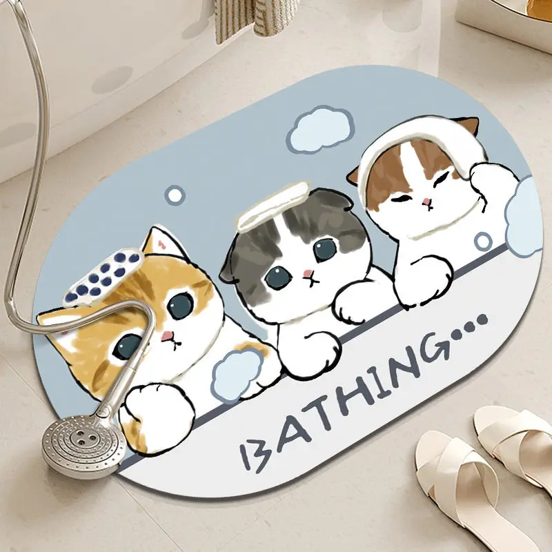 VIKAMA Three Bathing Kittens Oval Bath Mat Non Slip Washable Absorbent Floor Rug Cartoon Cute Cat Bathroom Entryway Decor Mat