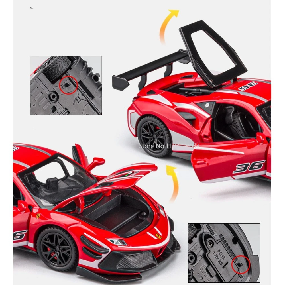 1/32 488 Sports Car Alloy Racing Car Model Toys Diecast Metal Simulation Sound And Light Pull Back Vehicle Collection Child Gift