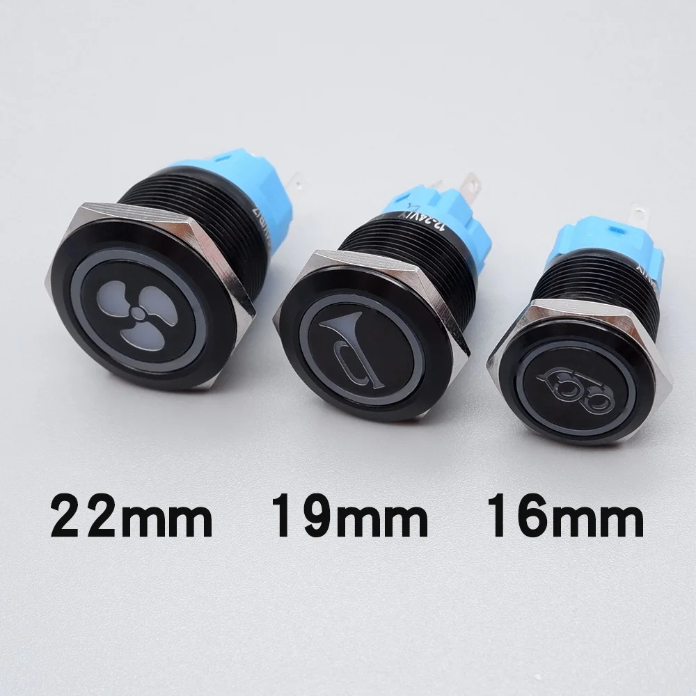 16/19/22mm Custom Black Push Button Switch LED Light For Car Function Identification Glow Symbol Fixed Self Reset Metal On Off