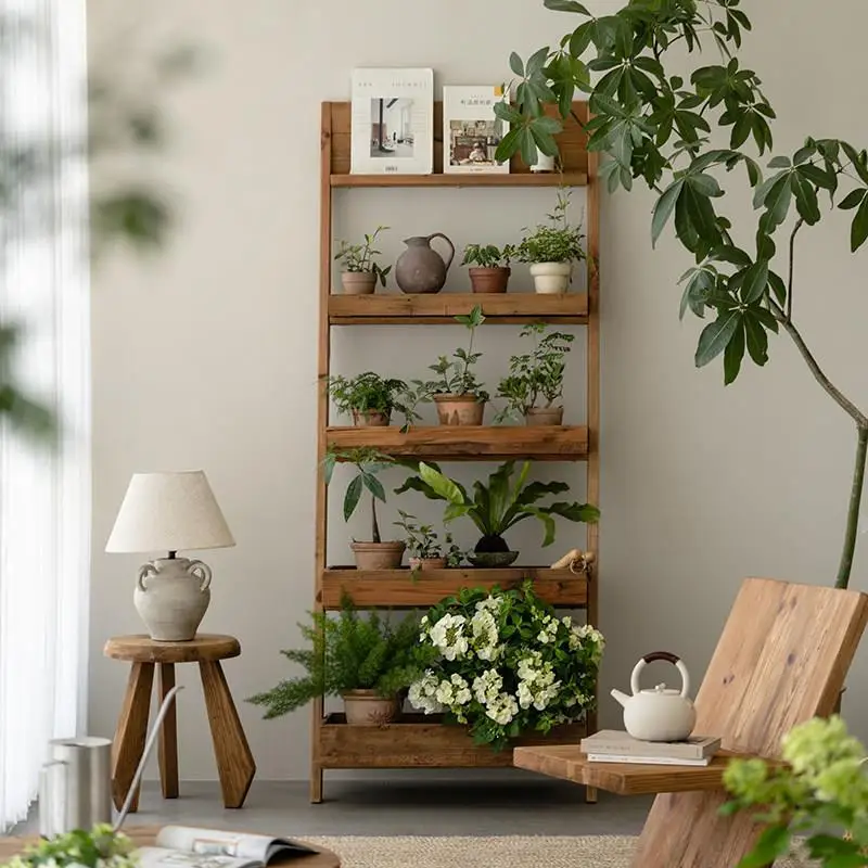 

American rural multi-layer flower stand log wind rack against the wall storage rack stepped display stand
