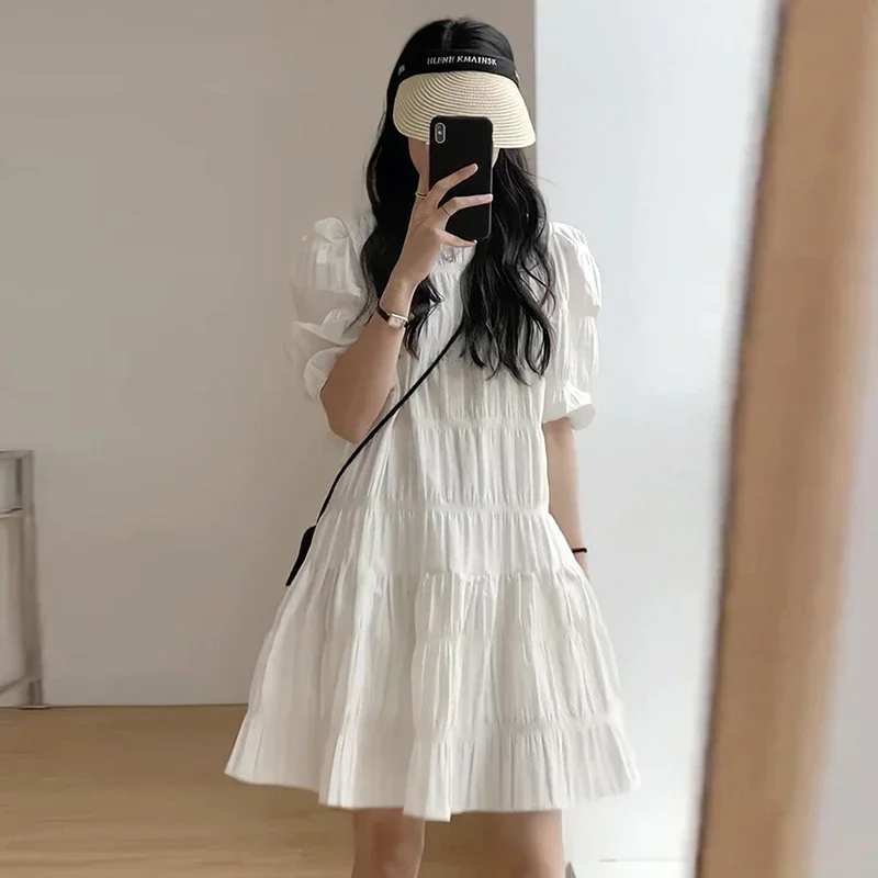 black white short pregnant woman summer chiffon dress puff sleeve o-neck maternity pleated dress elegant pregnancy mini dresses