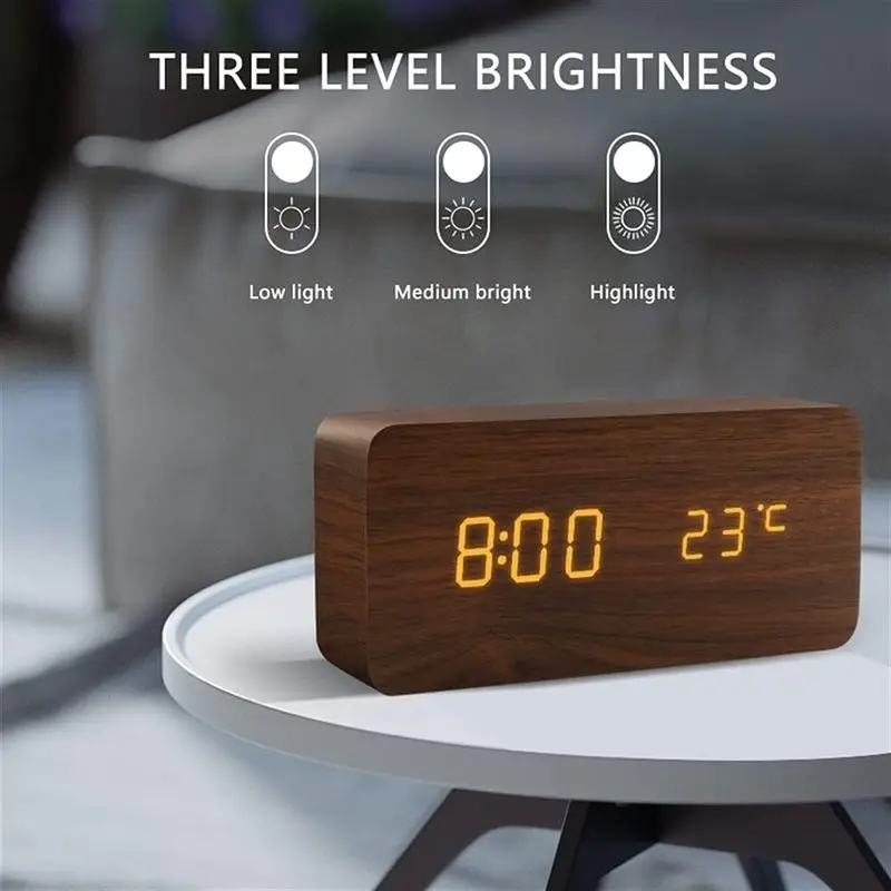Wooden LED Digital Alarm Clock, Electronic Desktop Sleep Trainer Clock, Wood Table Clock for Bedroom, Voice Activated Wake