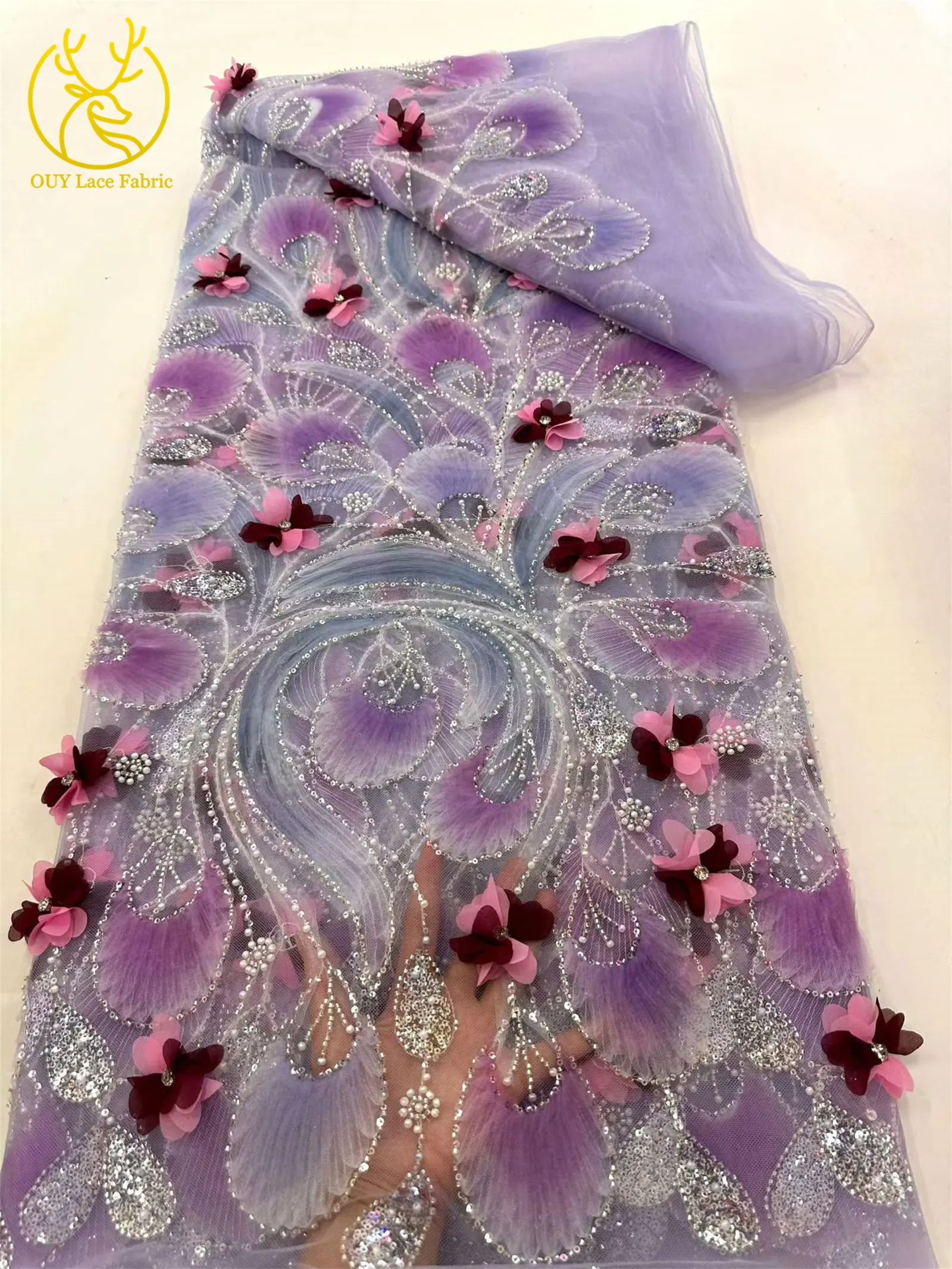 Eleganter 3D-Blumen-Afrikanischer Perlen-Spitzenstoff 2026 Französischer Nigerianischer Pailletten-Tüll-Spitzenstoff für Party- und Hochzeitskleider 5 Yards – Detail 13
