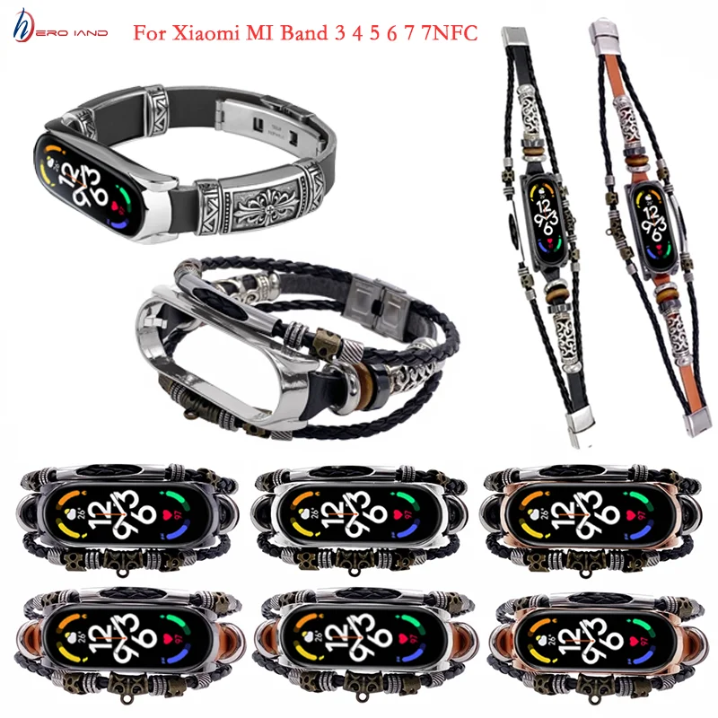 HeroIand Ethnic Beading Retro Style Strap For Mi Band 3 4 5 Replacement Bracelet Smartwatch Accessories For Xiaomi Band 6/7/7NFC