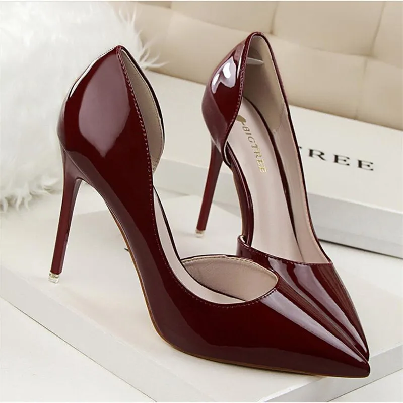 

BIGTREE Summer women High Heels Simple Hollow Pumps Thin heel Fashion Patent Leather Pointed Sexy High-heeled size 34 Shoes