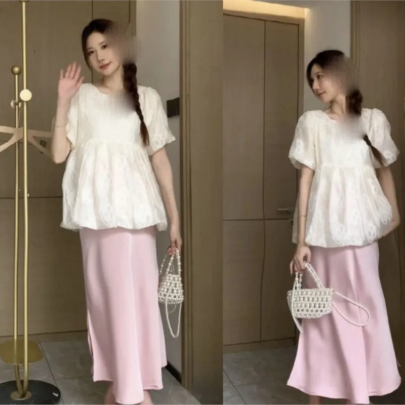 

Pregnant Women's Fashion Clothing Set 2026 New Maternity Summer New Square Neck Short Sleeved Top Pink Dress 2-piece Set LJ355