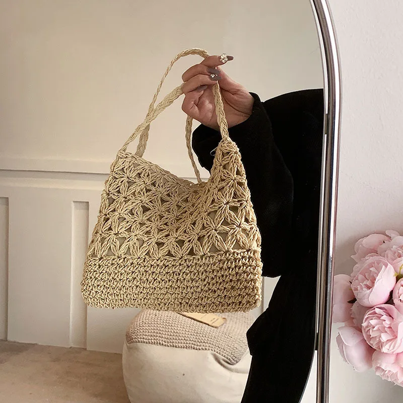 Women Beach Woven Straw Shoulder Messenger Bag Boho Hollow Out Crochet Crossbody Handbag Macrame Purse