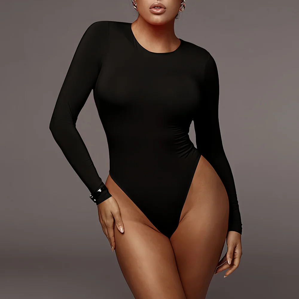 Mono de temperamento Sexy cruzado para primavera/verano 2025 para mujer, mono ajustado de manga larga de Color sólido con cuello redondo