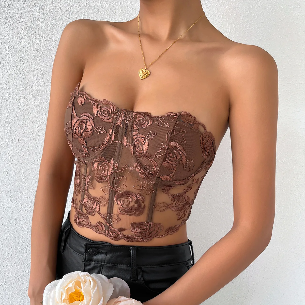 Beautiful Rose Embroidery Bustier Tube Tank Top with Shoulder Strap Corset Lingerie Crop Tops