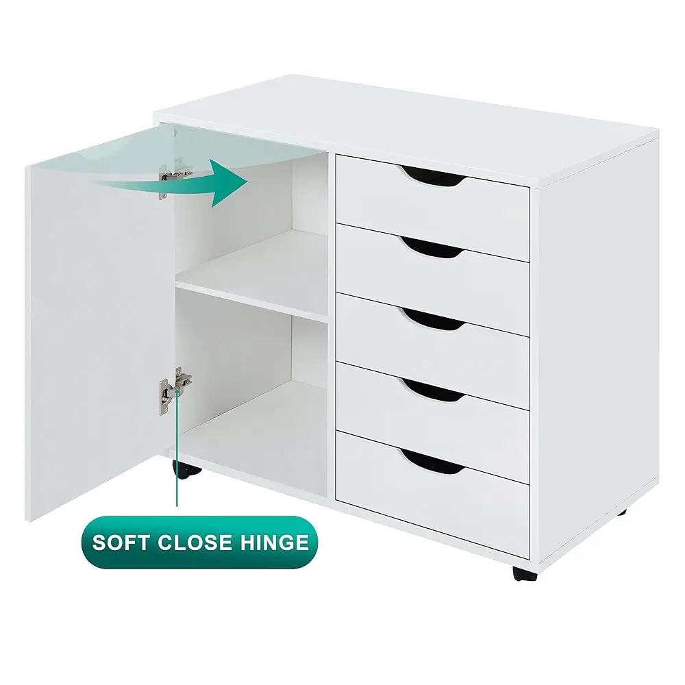5 Drawer Office Storage File Cabinet With Shelf, Under Desk Storage, Printer Stand With Wheels, 180 Lbs Acity, White