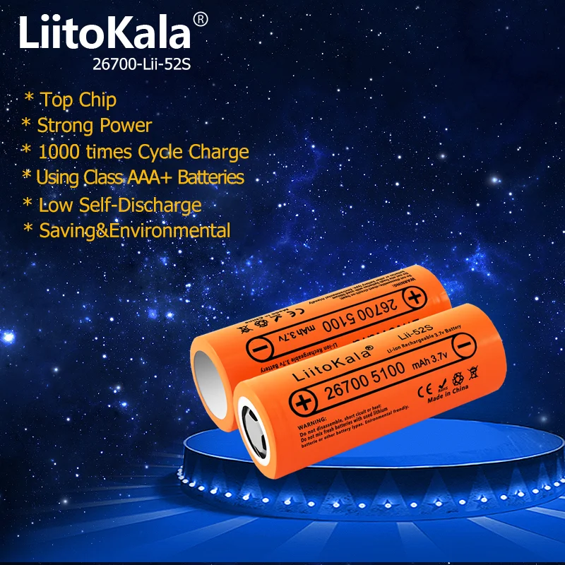 2 قطعة LiitoKala Lii-52S 26700 5100mAh 3.7 فولت قابلة للشحن خلية بطارية ليثيوم ل 36 فولت e-الدراجة الطاقة HID ضوء الشمس/3C15A التفريغ