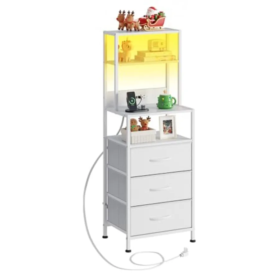 

Tall White Nightstand with Built-in Charging Station LED Light 3 Fabric Drawers + Open Shelves for Bedroom or Living Room Moder