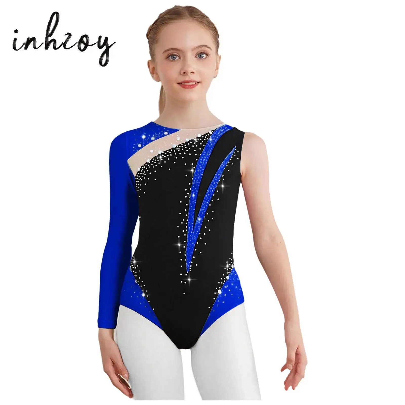 

Kids Girls Gymnastics Figure Skating Dance Leotard One Shoulder Long Sleeve Round Neck Shiny Rhinestones Color Block Bodysuit
