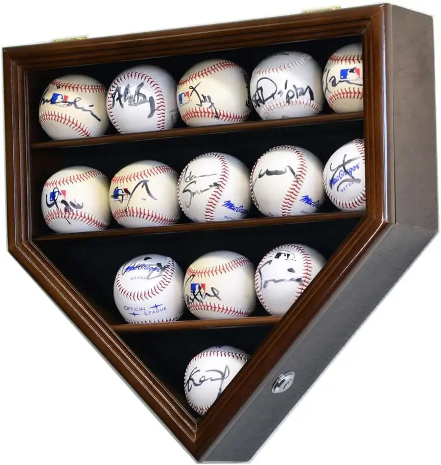 

14 Baseball Ball Display Case Cabinet Holder Wall Rack Home Plate Shaped 98% UV Protection- Lockable, Walnut Finish