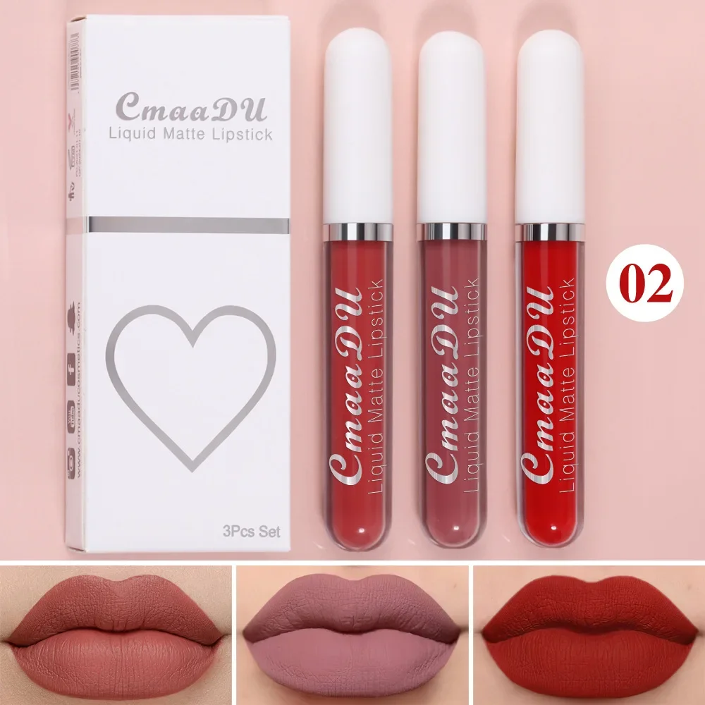 CmaaDu 3Pcs/Set Liquid Lip Gloss Lipstick Matte Finish Long-Lasting Colour Waterproof Lip Glaze Lipstick Cosmetic Makeup