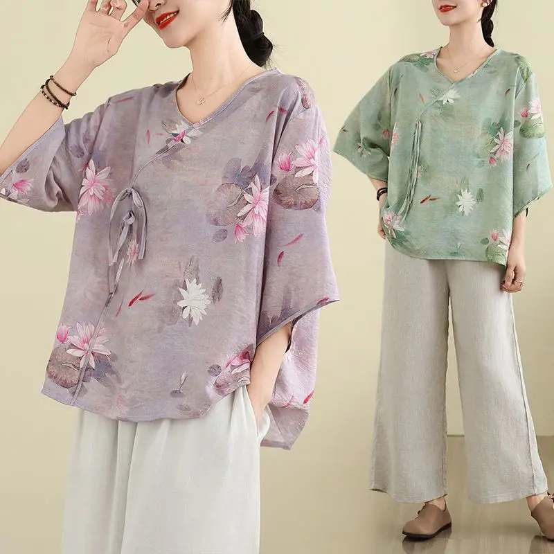 

Cotton and Linen Plus Size Chinese Style Women's Summer Thin Loose V-neck Short Sleeve Printed Short Sleeved T-shirt Tops
