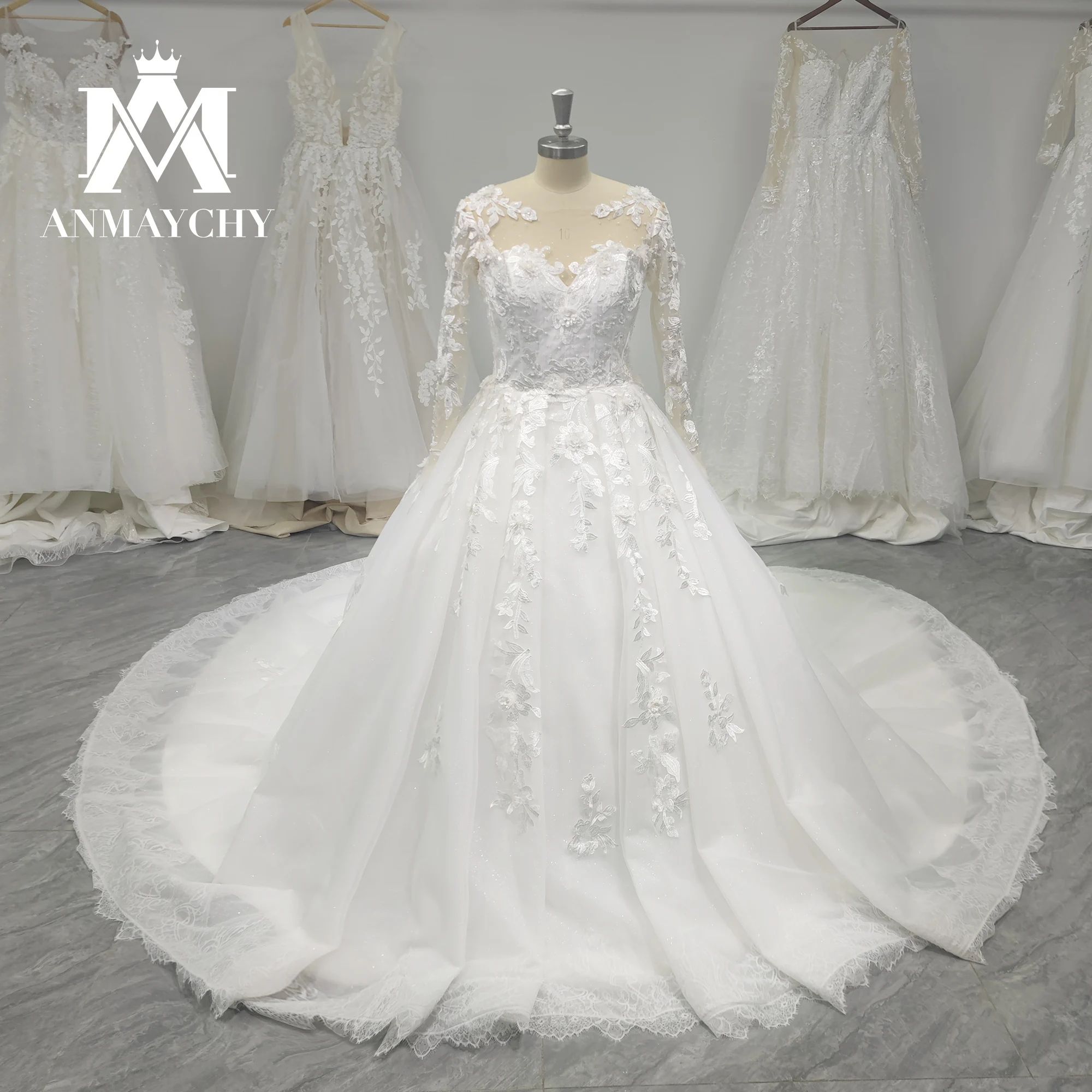 ANMAYCHY Ball GownLuxury Hochzeit Kleider Für Frauen 2022 Perlen Appliques SCOOP Spitze Langarm Hochzeit Kleid Vestidos De Novia